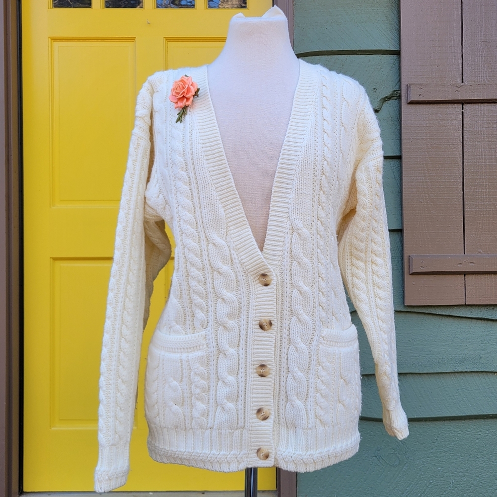 Vintage Sport Carriage Court Ivory Cable Knit Cardigan Sweater